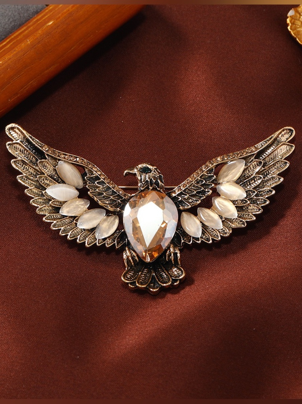 Eagle Brooch Pin with Champagne Crystal & Cat’s Eye Stones – Bird Lapel Pin.